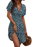 Black Floral A-Line Midi Dress Sundress Summer Floral Short Sleeve - FENSACE | Women's Dresses