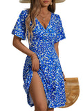 Blue White Leopard A-Line Midi Dress Sundress Summer Floral Short Sleeve - FENSACE | Women's Dresses
