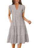 Khaki Polka Dot Summer Boho Midi Dress – V-Neck Ruffle Sleeve Flowy Sundress Womens Casual Dress - Anrabess