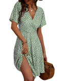Green Floral A-Line Midi Dress Sundress Summer Floral Short Sleeve - FENSACE | Women's Dresses