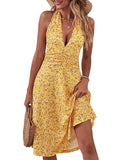 Yellow Floral Ruffle Mini Dresses Sundress Sleeveless Floral with Pocket Elastic Waist - HUHOT | Women's Dresses