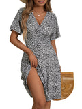 Black White Leopard A-Line Midi Dress Sundress Summer Floral Short Sleeve - FENSACE | Women's Dresses