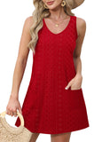 Eyelet Red Loose V Neck Sleeveless with Pockets - Ofeefan | Women's Dresses