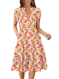 Orange Floral Summer Boho Midi Dress – V-Neck Ruffle Sleeve Flowy Sundress Womens Casual Dress - Anrabess