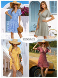 Black Floral A-Line Midi Dress Sundress Summer Floral Short Sleeve - FENSACE | Women's Dresses