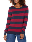 Burgundy Navy Rugby Stripe Women's Sweater Long-Sleeve Light Weight Crewneck - AmEss | Women's Coat & Jacket