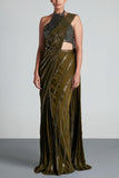 Amit Aggarwal Metallic olive pre-draped sari set Online Shopping