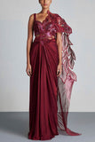 Amit Aggarwal Plum metallic draped sari Online Shopping