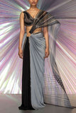 Amit Aggarwal Grey and black structured drape sari set Online Shopping