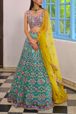 Aneesh Agarwaal Teal green silk lehenga set Online Shopping