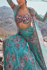 Ridhima Bhasin Aqua floral printed jacket and sharara set Online Shopping