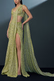 Ritika Mirchandani Arctic lime aztec embellished draped sari set Online Shopping