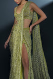 Ritika Mirchandani Arctic lime aztec embellished draped sari set Online Shopping