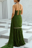 Chamee and Palak Basil green embellished ruffled draped sari set Online Shopping