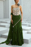 Chamee and Palak Basil green embellished ruffled draped sari set Online Shopping