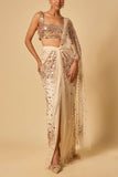 Masumi Mewawalla Beige sequin embroidered draped sari set Online Shopping