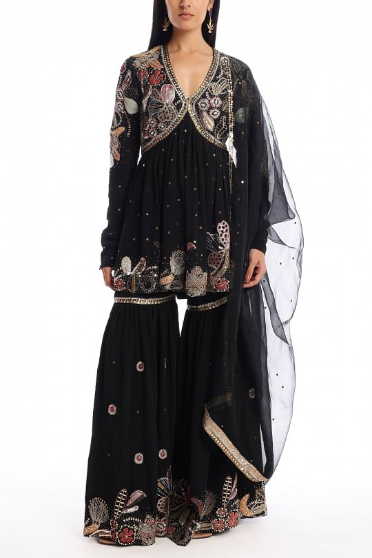 Aisha Rao Black floral embroidered gharara set Online Shopping