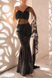 Sawan Gandhi Black sequin embellished pre-draped sari set Online Shopping