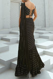 Chamee and Palak Black sequinned tiered pre-draped sari set Online Shopping