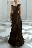 Chamee and Palak Black sequinned tiered pre-draped sari set Online Shopping