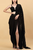 Priyanka Jain Black tasselled pre-draped lace sari set Online Shopping