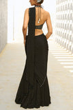 Chamee and Palak Black tasselled pre-draped sari set Online Shopping