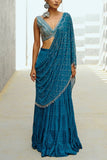 Chamee and Palak Blue embellished tiered pre-draped sari set Online Shopping