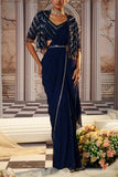 Nidhika Shekhar Blue embroidered pre-draped sari set Online Shopping