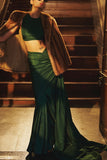 Ekaya Bottle green handwoven silk sari set Online Shopping