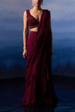 Angad Singh Burgundy pre-draped sari set Online Shopping