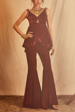 House of Three Burgundy velvet peplum top and sharara set Online Shopping