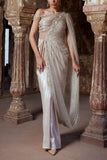 Kamaali Couture Champagne gold one-shoulder conceptual sari gown Online Shopping