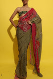 Rishi and Vibhuti Crimson red and olive embroidered sari set Online Shopping