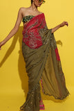 Rishi and Vibhuti Crimson red and olive embroidered sari set Online Shopping