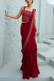 Chamee and Palak Deep red embellished pre-draped sari set Online Shopping