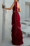 Chamee and Palak Deep red embellished pre-draped sari set Online Shopping