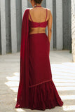 Chamee and Palak Deep red tiered frilled pre-draped sari set Online Shopping