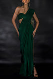 Nikhil Thampi Emerald green chain detail pre-draped sari set Online Shopping