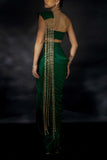 Nikhil Thampi Emerald green chain detail pre-draped sari set Online Shopping