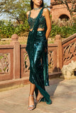 Dolly J Emerald green embellished pre-drape sari set Online Shopping