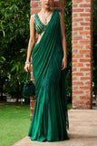 Ohaila Khan Emerald green fringed pre-draped sari set Online Shopping