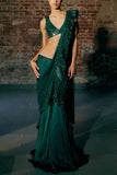 Asaga Emerald green pre-draped sari set Online Shopping