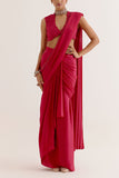 Devnaagri Fuchsia pink silk satin sari set Online Shopping