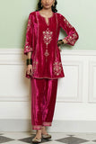 Devnaagri Fuchsia pink zardozi embroidered kurta set Online Shopping