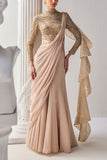 Mandira Wirk Gold cream zardozi embroidery drape sari gown Online Shopping