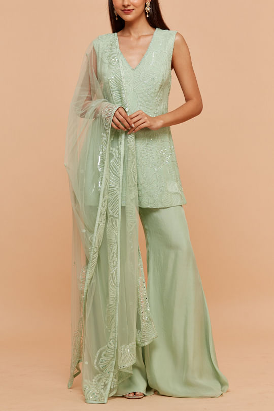 Mishru Green coral embroidered kurta and sharara set Online Shopping