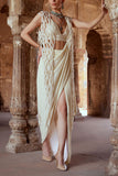 Kamaali Couture Ivory pearl and crystal conceptual jacket draped sari set Online Shopping