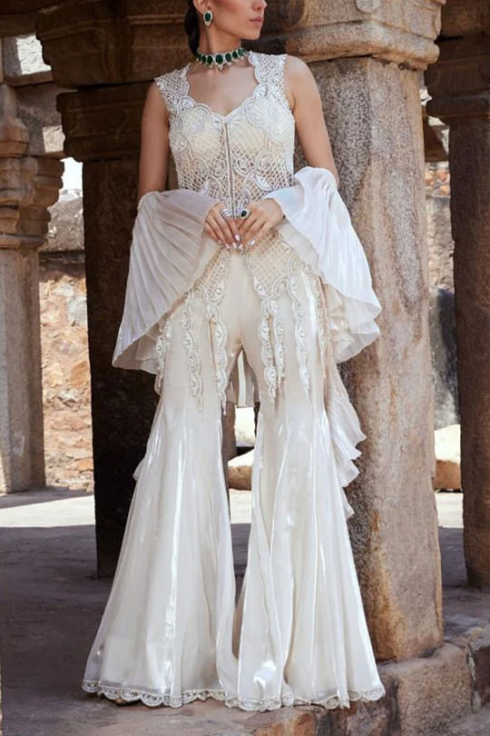 Kamaali Couture Ivory pearl and crystal detailed sharara set Online Shopping