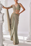 Mandira Wirk Jade green embellished pre-draped sari set Online Shopping