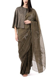 Peachoo Khaki and silver organza satin embroidered sari Online Shopping